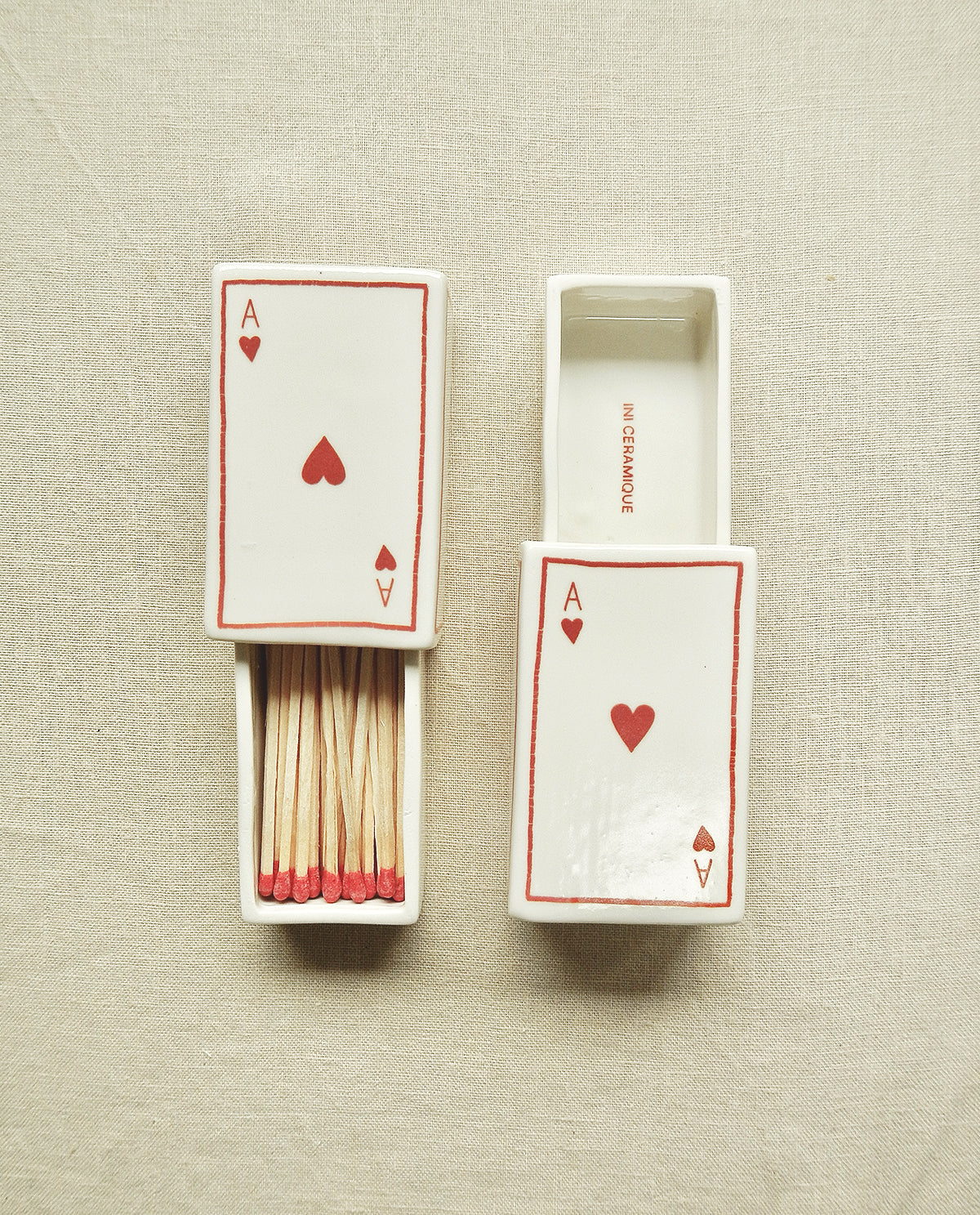 Ceramic matchbox with hand-drawn Ace of Hearts illustration