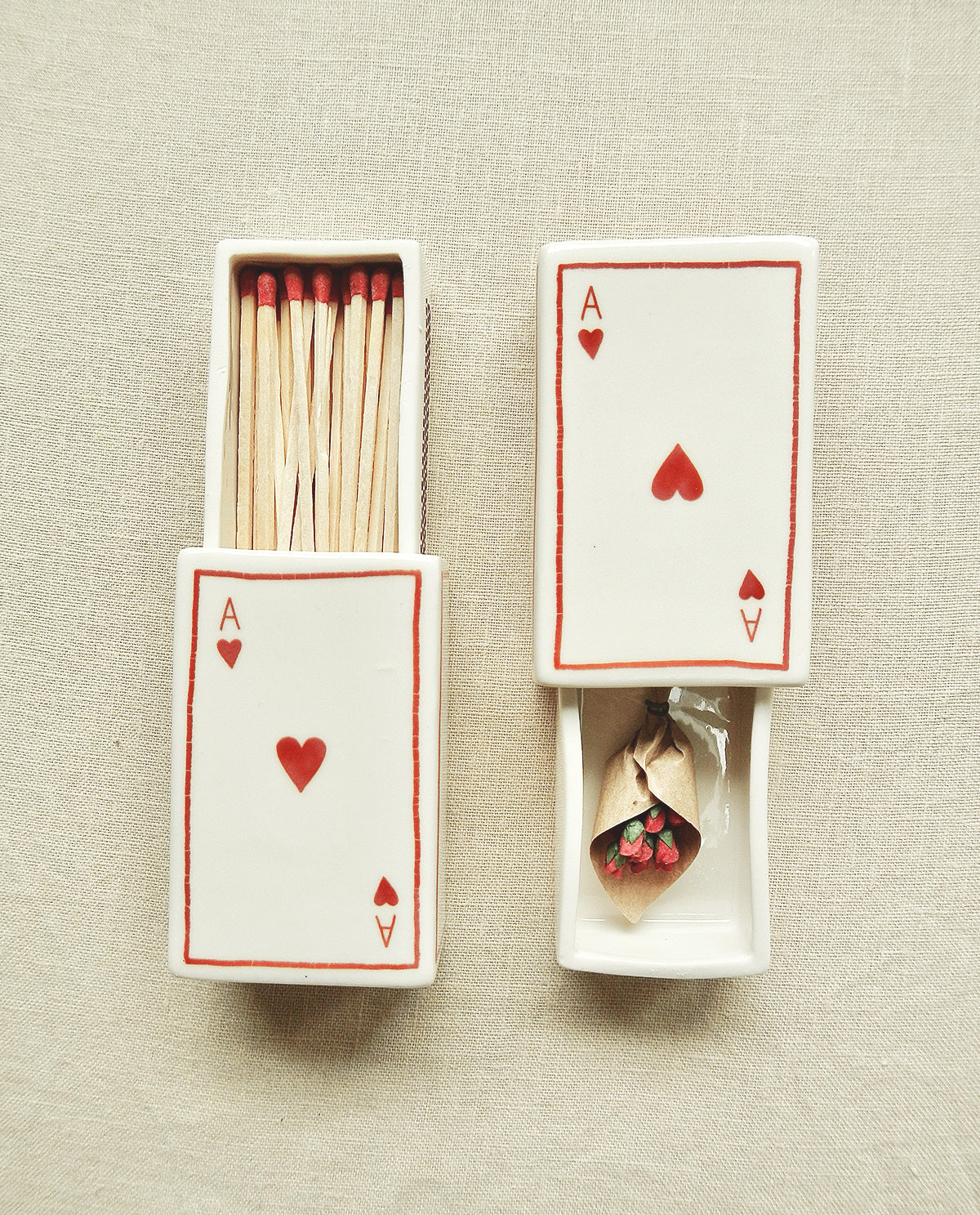 Ceramic matchbox with hand-drawn Ace of Hearts illustration