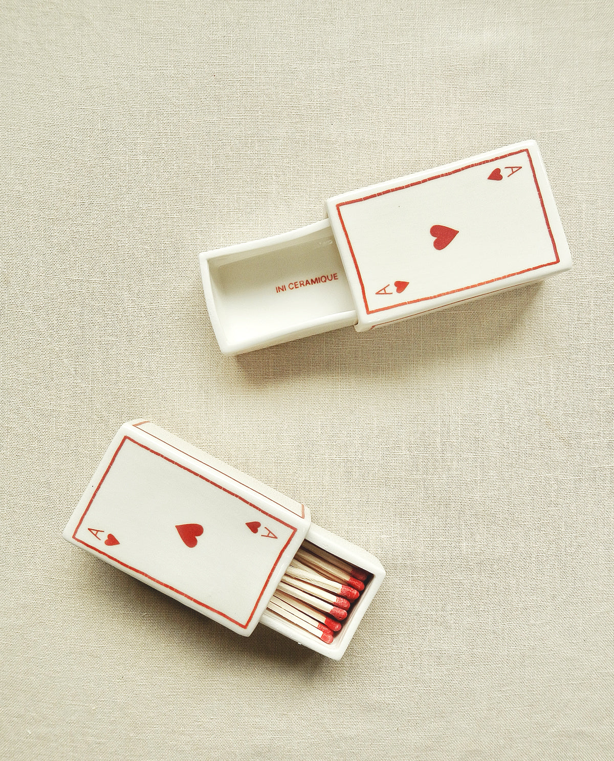 Ceramic matchbox with hand-drawn Ace of Hearts illustration