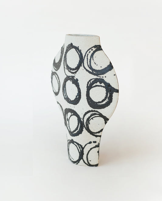Hand-painted abstract vase by INI CERAMIQUE with geometric patterns and textured finish
