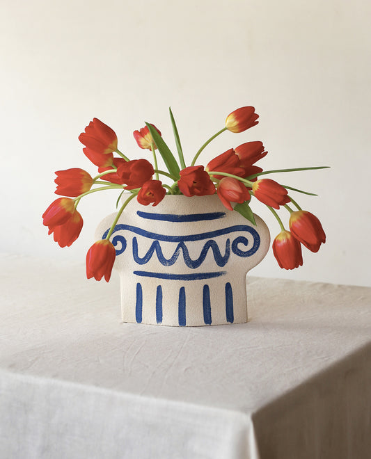 Hand-painted greek vase by INI CERAMIQUE with geometric patterns and a textured finish