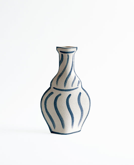 Hand-painted trompe l'oeil vase by INI CERAMIQUE with geometric patterns and a textured finish