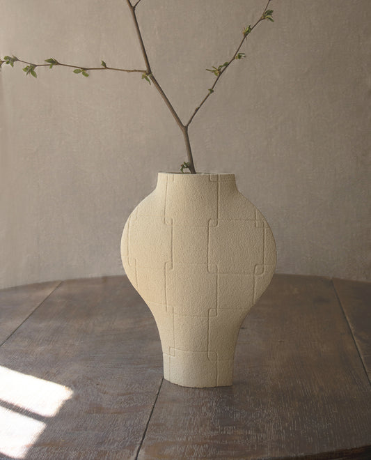 Handmade Korean vase by INI CERAMIQUE with traditional sculptural patterns and textured finish