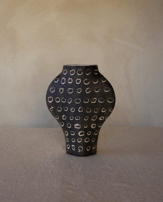 Hand-painted abstract vase by INI CERAMIQUE with geometric patterns and textured finish