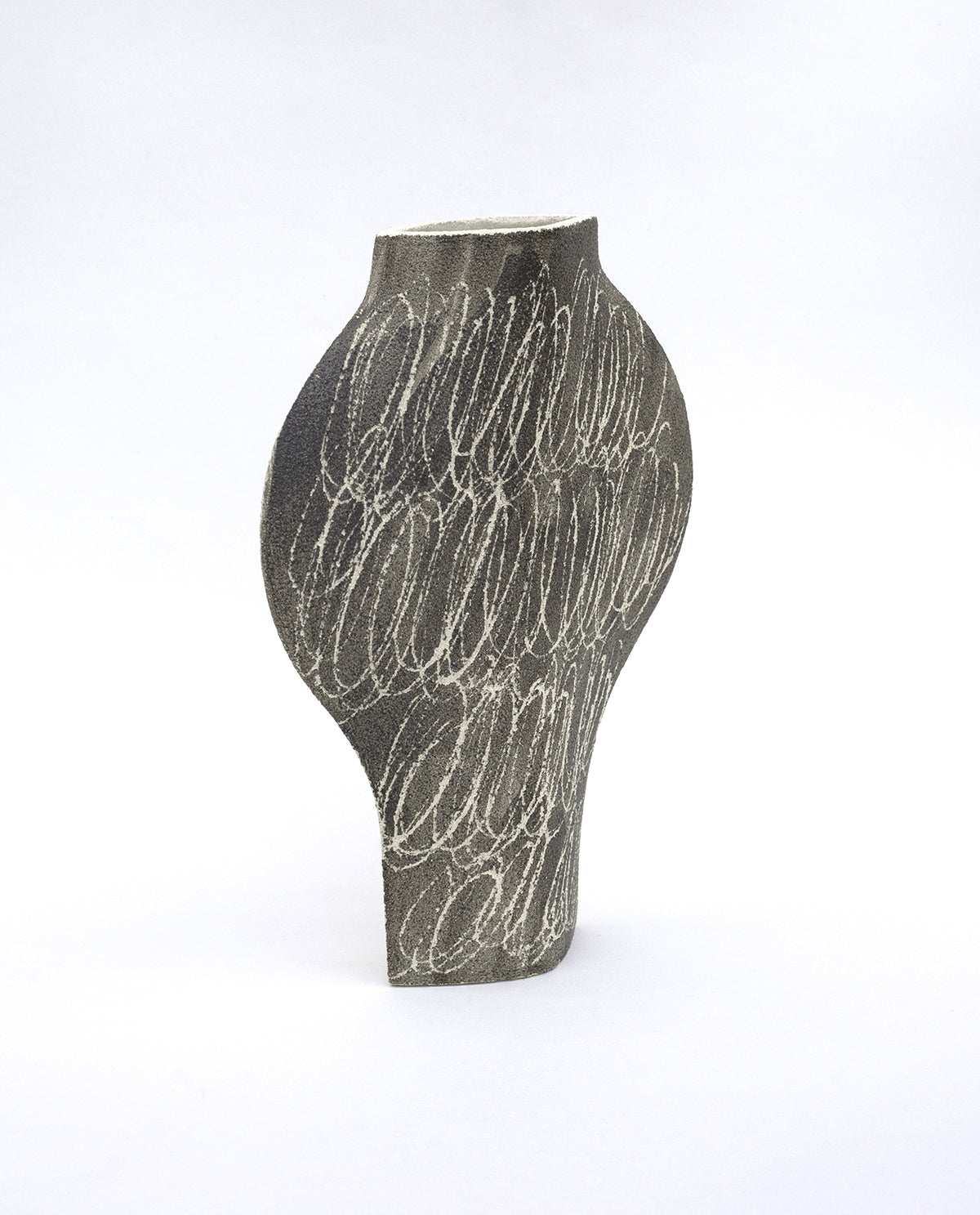 Hand-painted abstract vase by INI CERAMIQUE with geometric patterns and textured finish