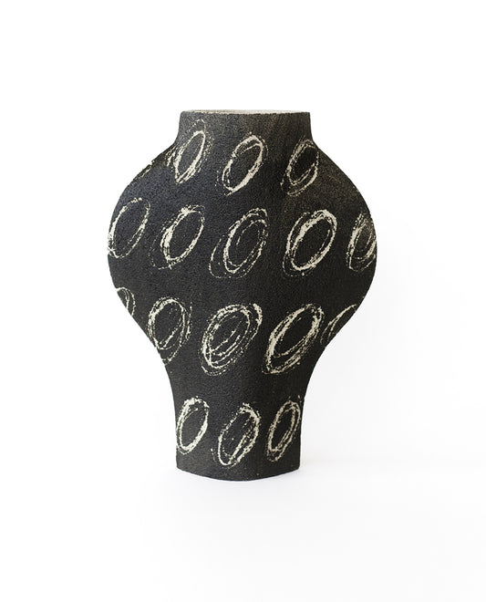 Hand-painted abstract vase by INI CERAMIQUE with geometric patterns and textured finish