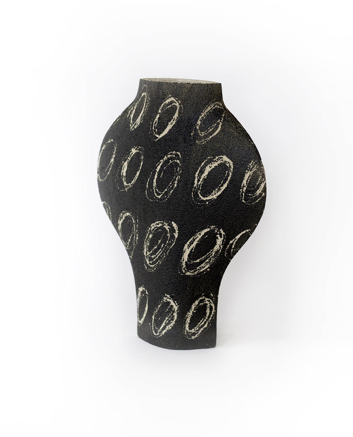 Hand-painted abstract vase by INI CERAMIQUE with geometric patterns and textured finish