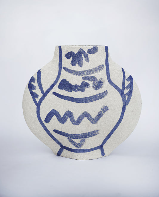 Hand-painted trompe l'oeil vase by INI CERAMIQUE with illustrative patterns and textured finish