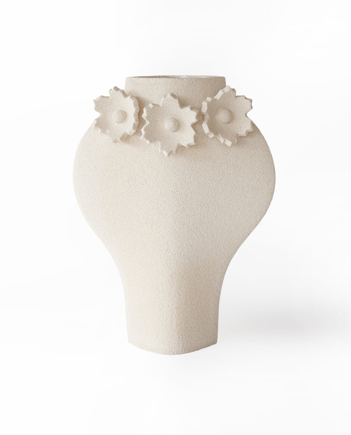 Handmade floral vase by INI CERAMIQUE with flower sculptures and textured finish