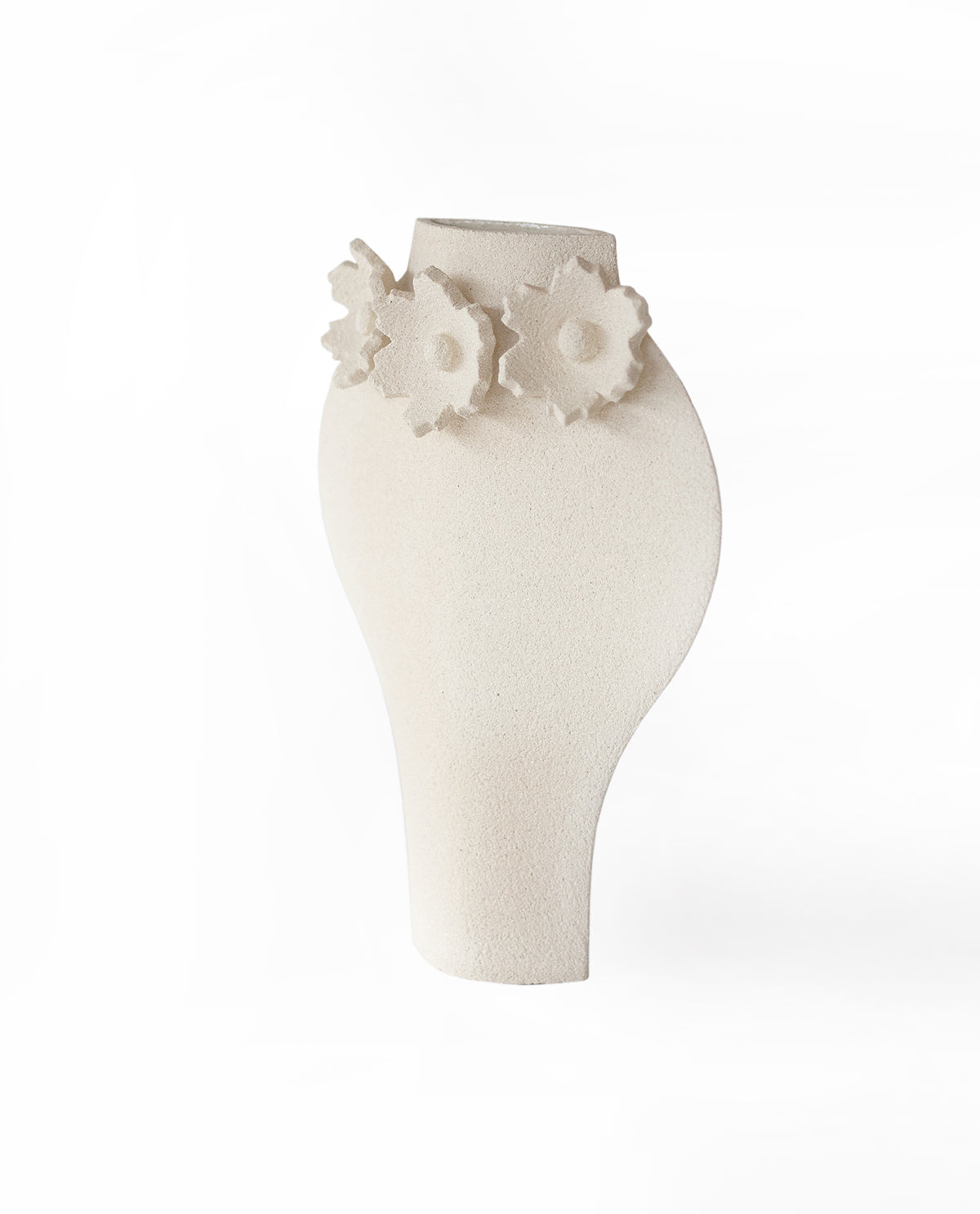 Handmade floral vase by INI CERAMIQUE with flower sculptures and textured finish