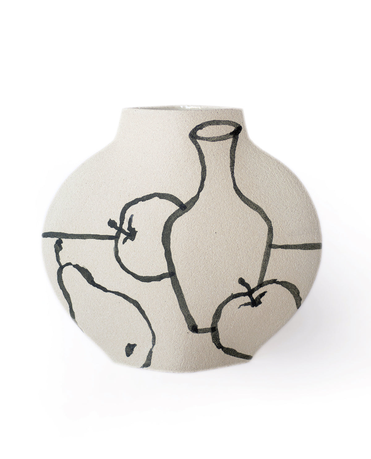 Hand-painted trompe l'oeil vase by INI CERAMIQUE with illustrative patterns and a textured finish