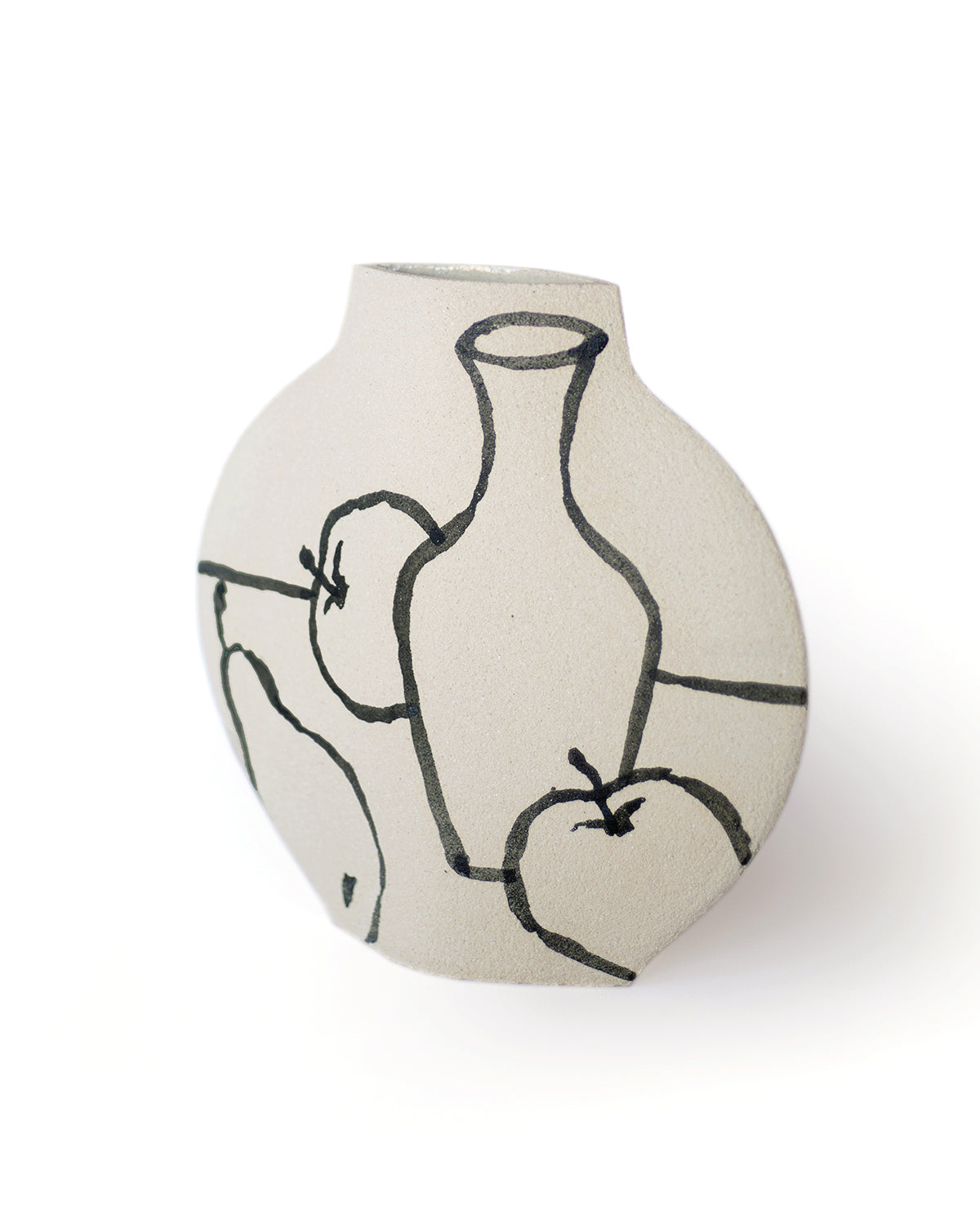 Hand-painted trompe l'oeil vase by INI CERAMIQUE with illustrative patterns and a textured finish