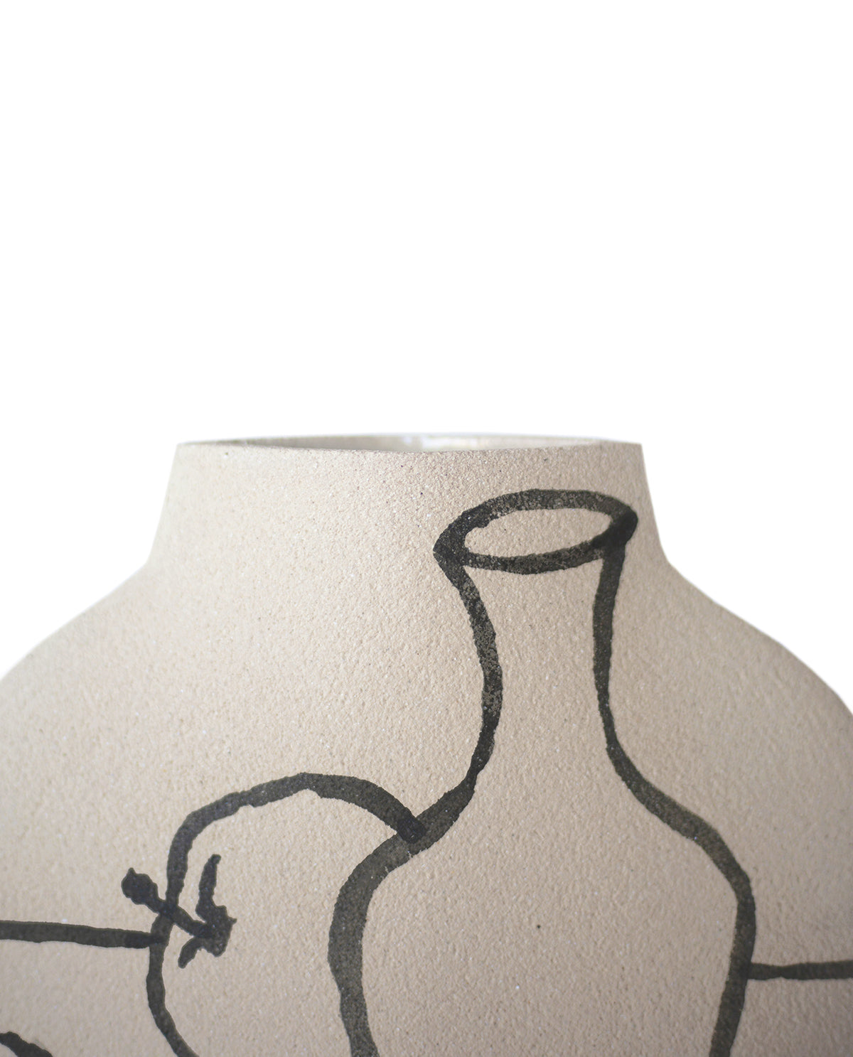 Hand-painted trompe l'oeil vase by INI CERAMIQUE with illustrative patterns and a textured finish