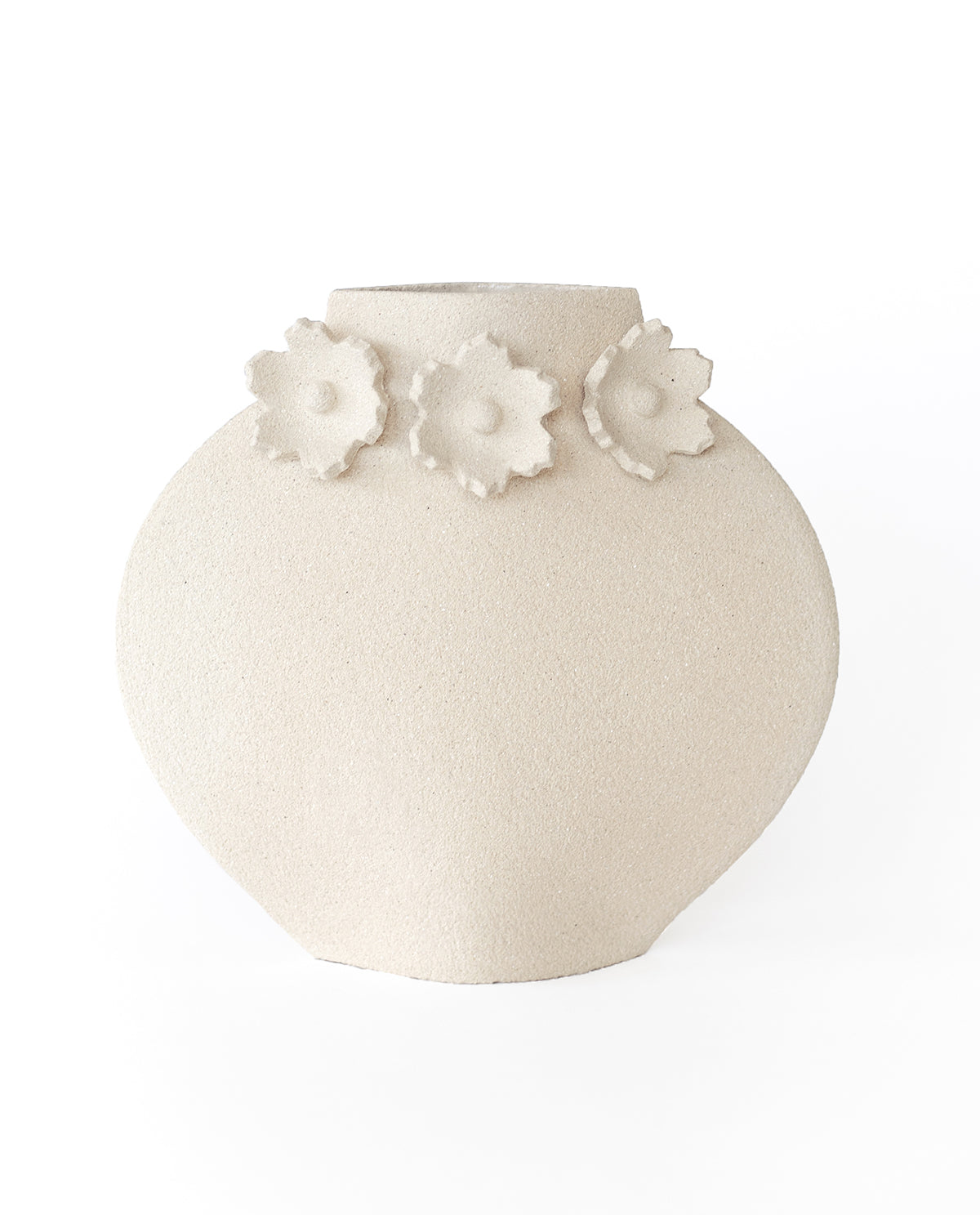 Handmade floral vase by INI CERAMIQUE with flower sculptures and textured finish