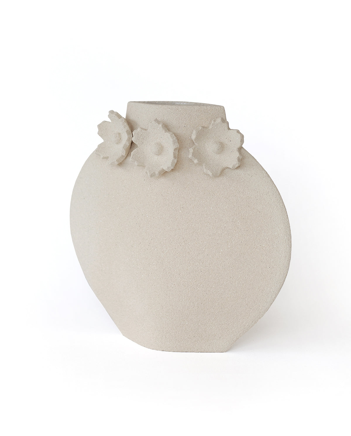 Handmade floral vase by INI CERAMIQUE with flower sculptures and textured finish