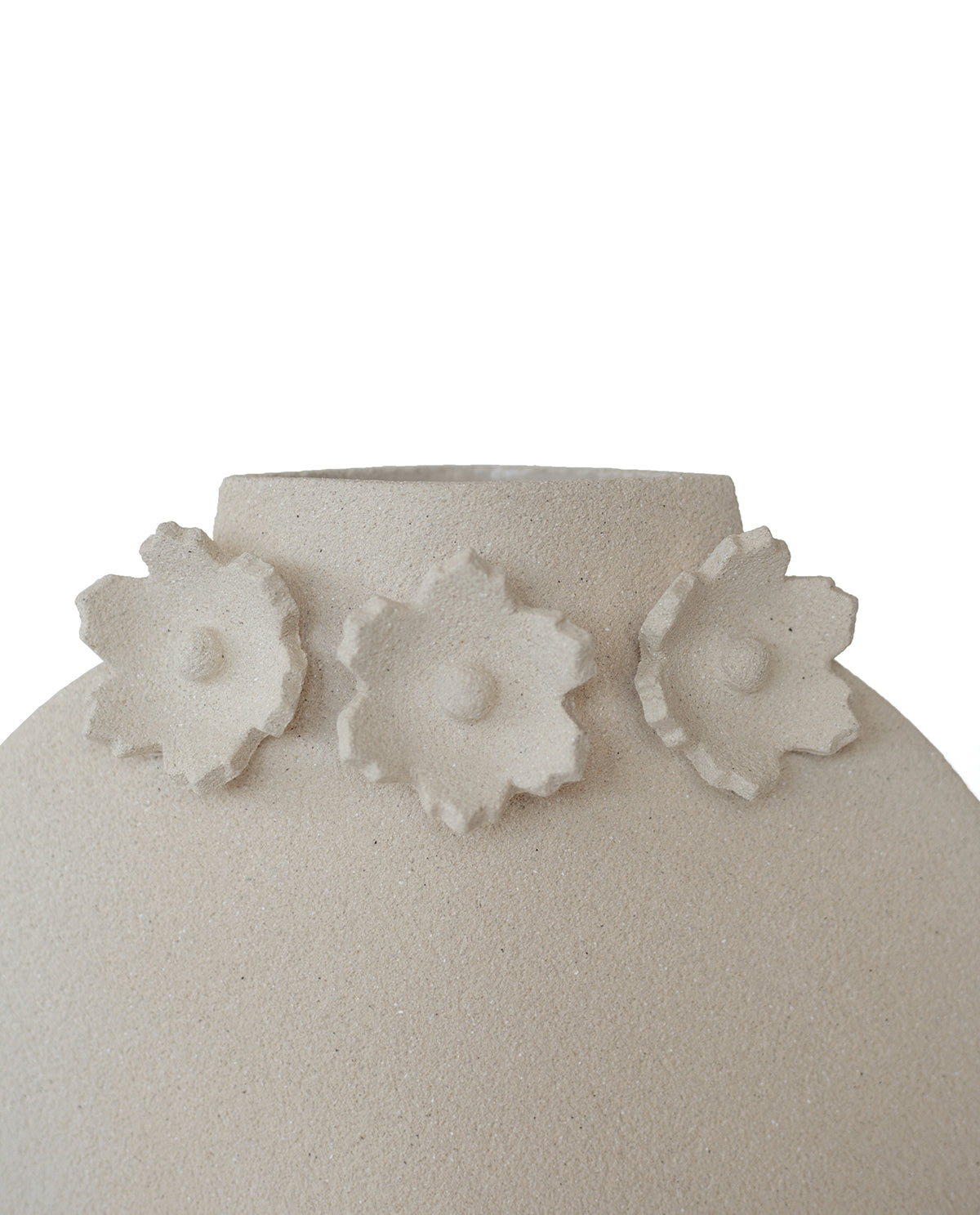 Handmade floral vase by INI CERAMIQUE with flower sculptures and textured finish