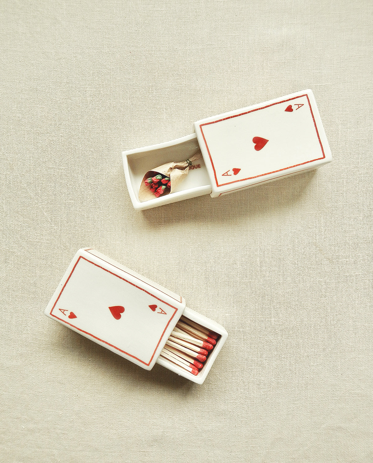 Ceramic matchbox with hand-drawn Ace of Hearts illustration