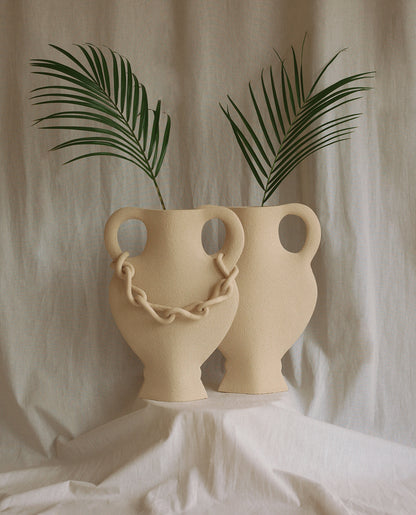 Handmade Greek vase by INI CERAMIQUE with ceramic chain details