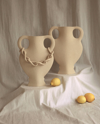 Handmade Greek vase by INI CERAMIQUE with ceramic chain details