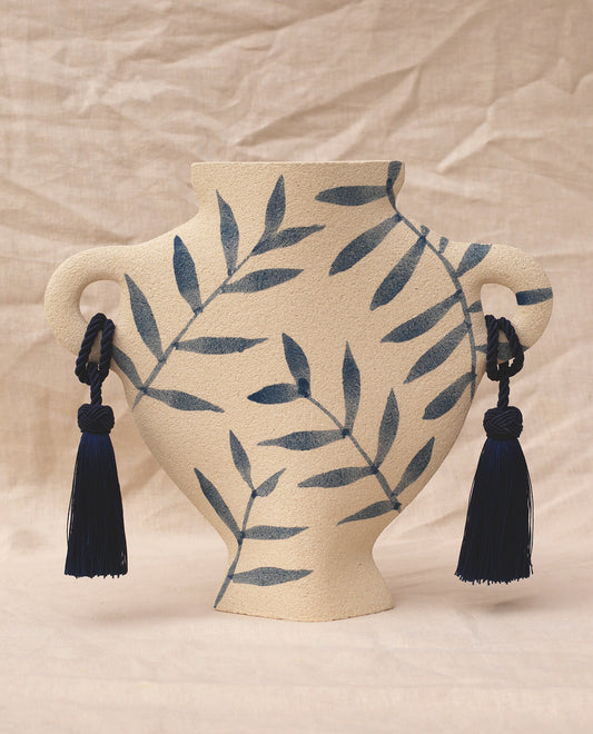 Hand-painted greek vase by INI CERAMIQUE with leafs patterns and ribbon details
