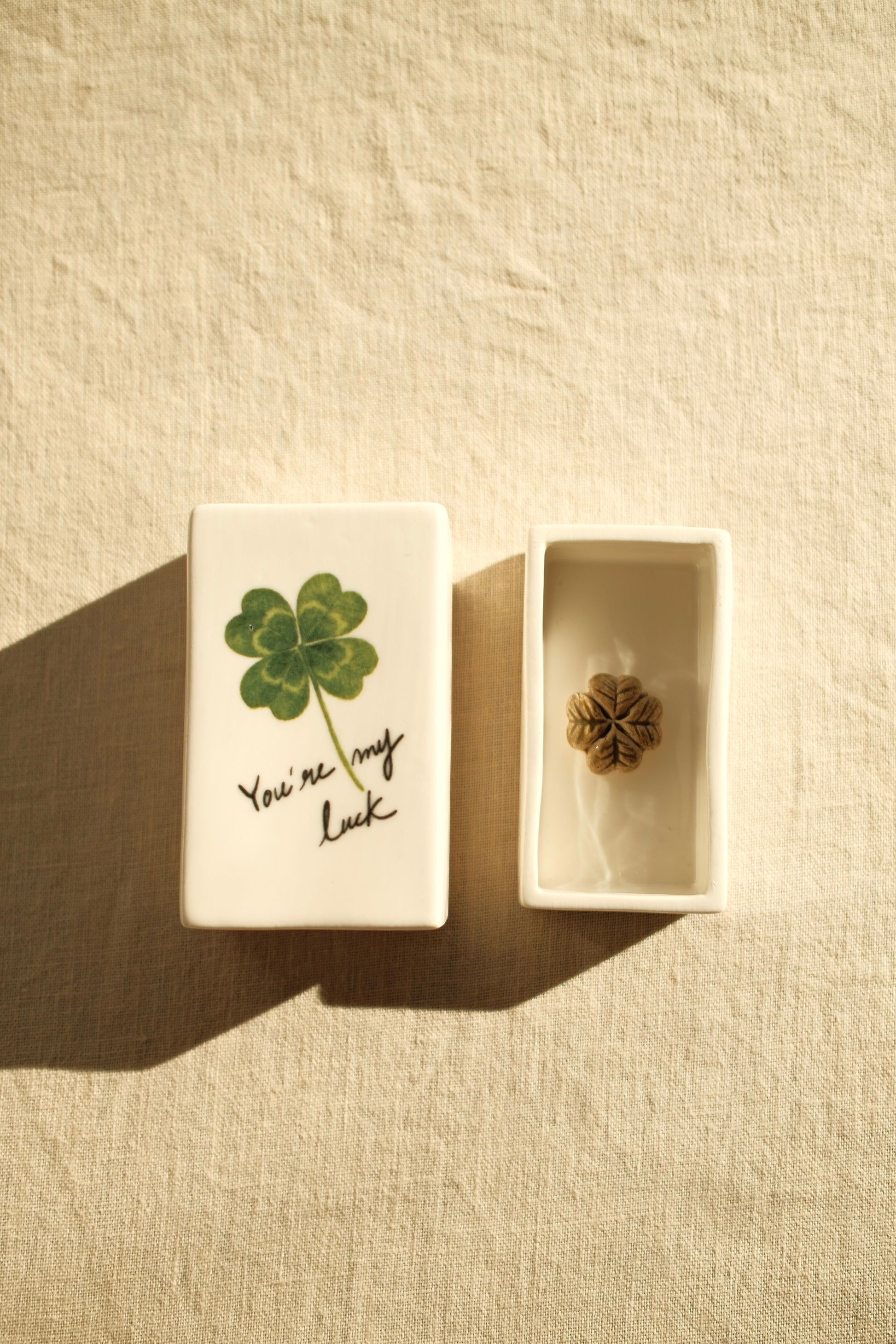 Handcrafted ceramic matchbox with clover motif made in France