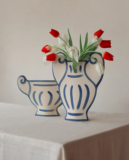 Hand-painted greek vase by INI CERAMIQUE with geometric patterns and textured finish