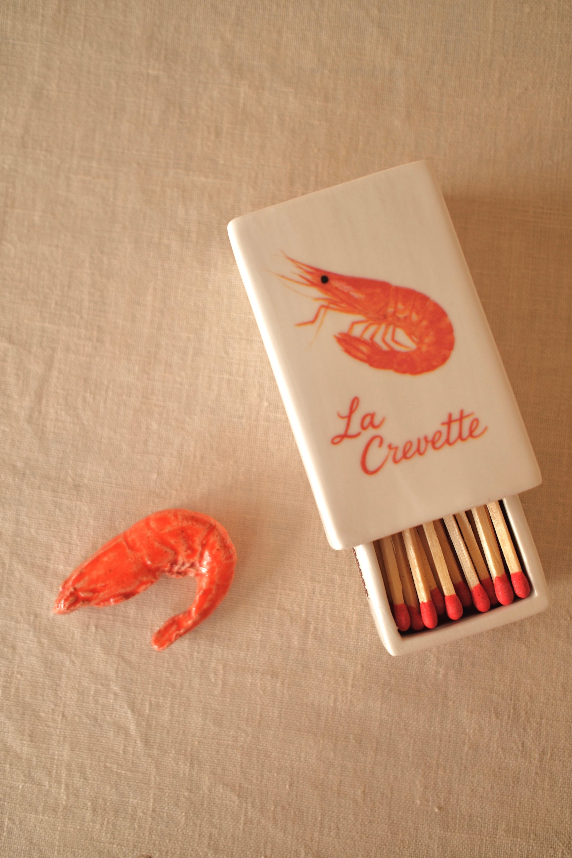 Handcrafted ceramic matchbox with shrimp motif made in France
