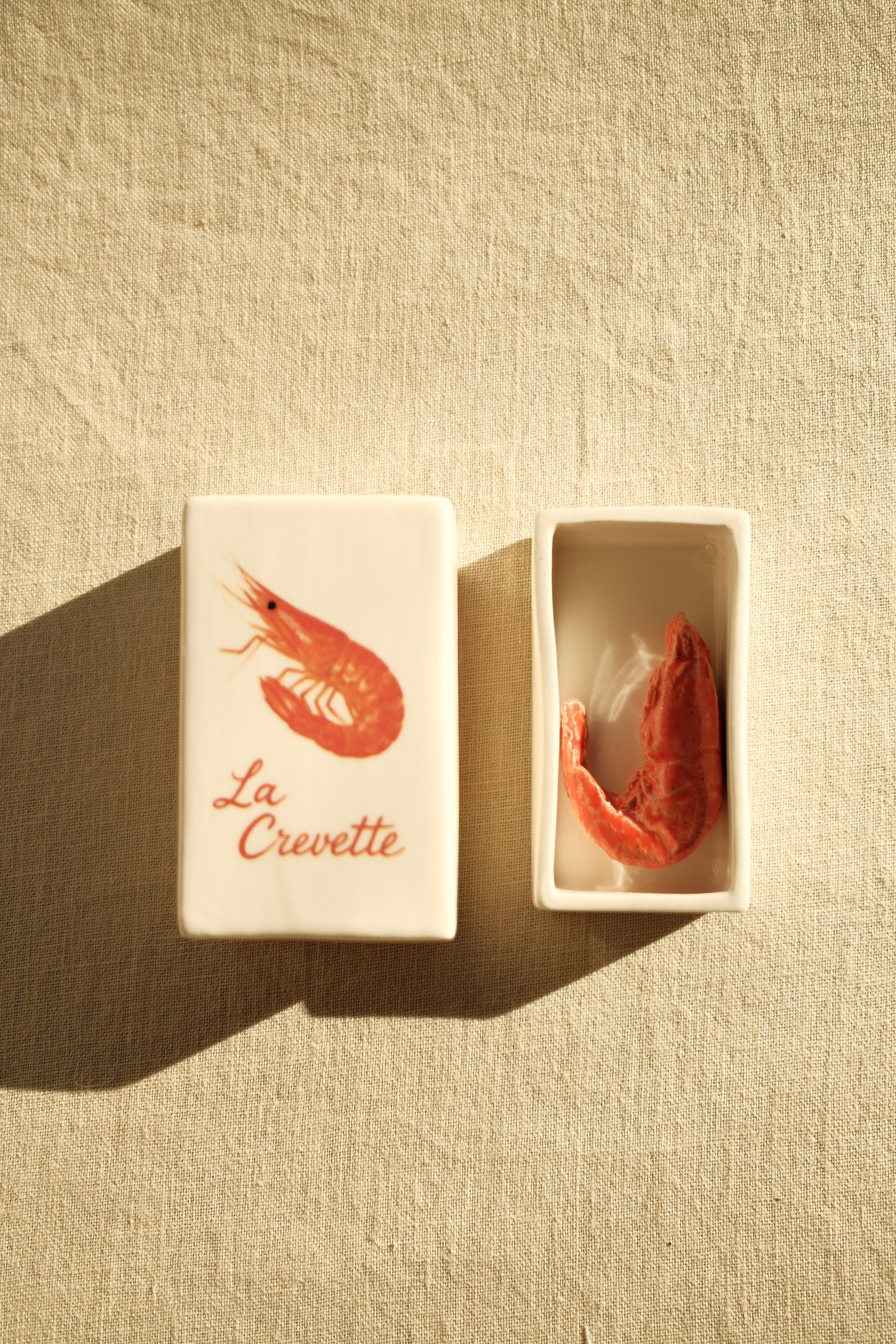 Handcrafted ceramic matchbox with shrimp motif made in France