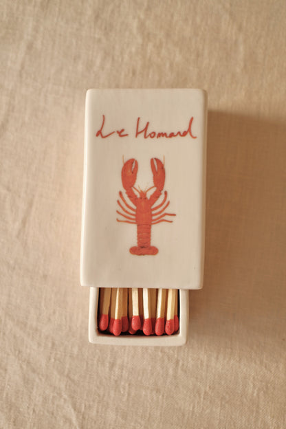 Decorative ceramic matchbox with hand-illustrated 'Le Homard', crafted by INI CERAMIQUE.