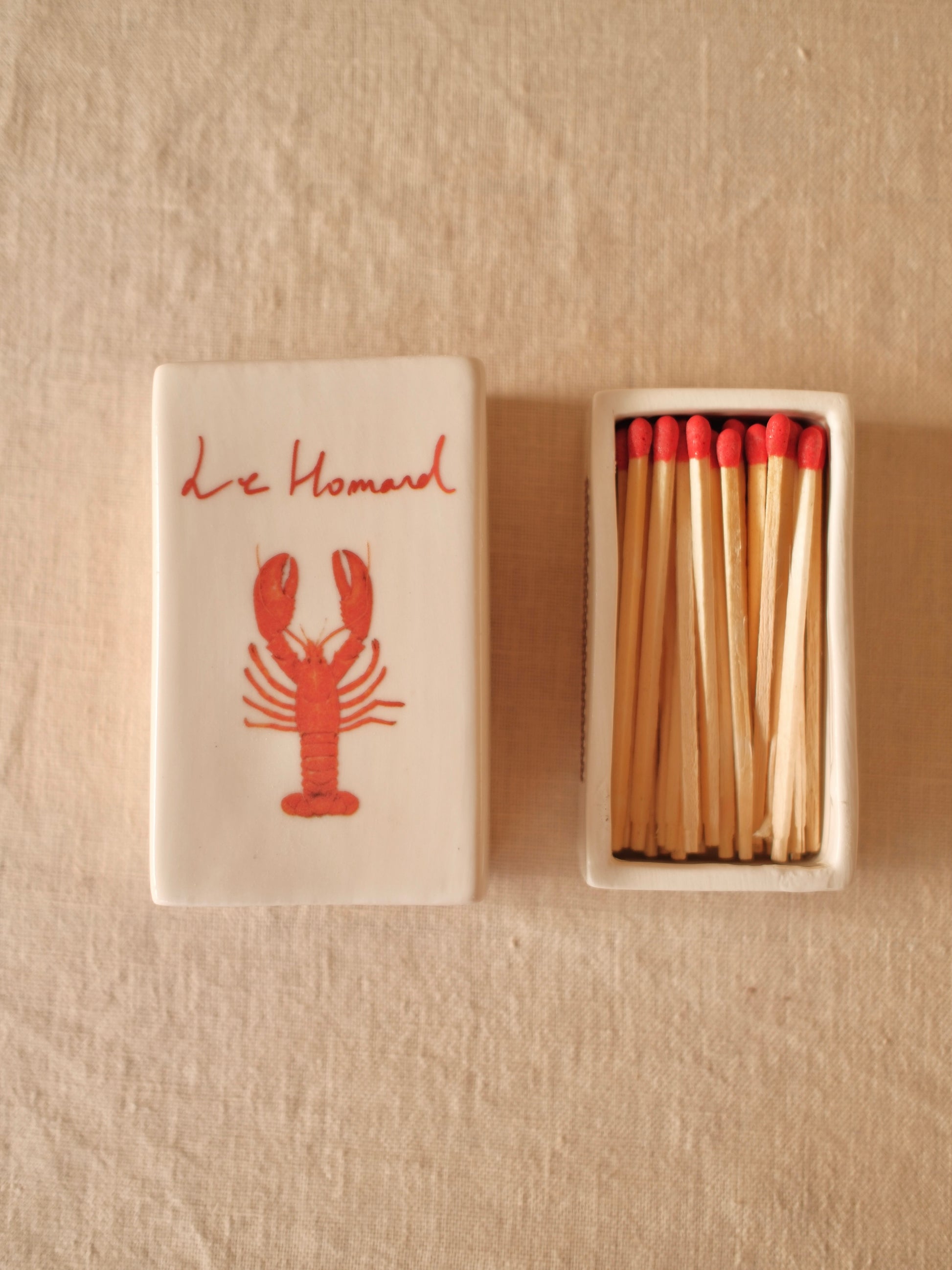 Handcrafted ceramic matchbox with lobster motif made in France