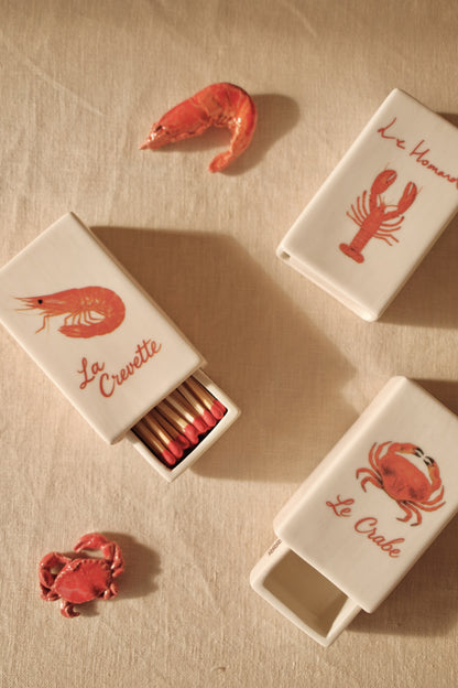 Decorative ceramic matchbox with hand-illustrated 'Le Homard', crafted by INI CERAMIQUE.