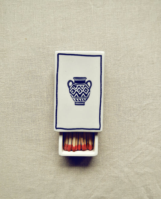 Hand-illustrated ceramic matchbox with greek vase illustration