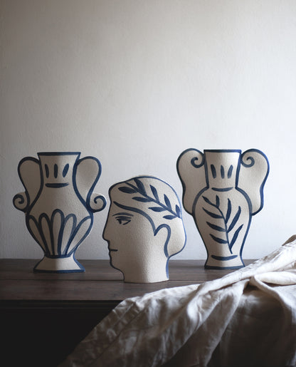 Hand-painted greek vase by INI CERAMIQUE with leaf patterns and textured finish