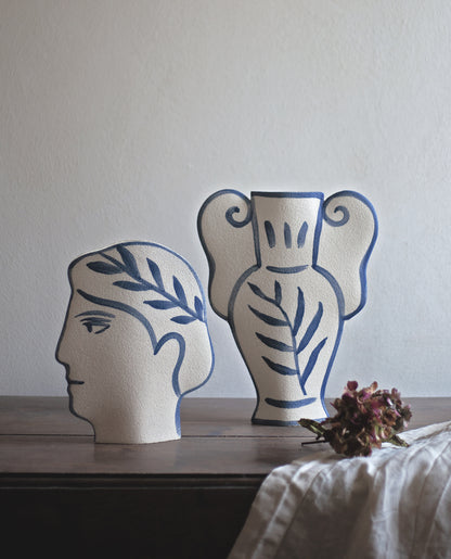 Hand-painted greek vase by INI CERAMIQUE with leaf patterns and textured finish