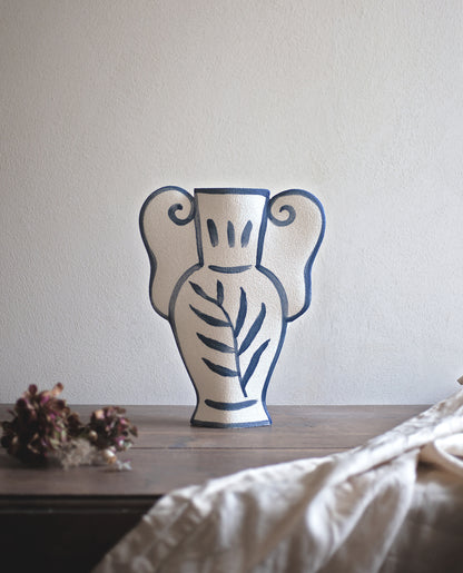 Hand-painted greek vase by INI CERAMIQUE with leaf patterns and textured finish