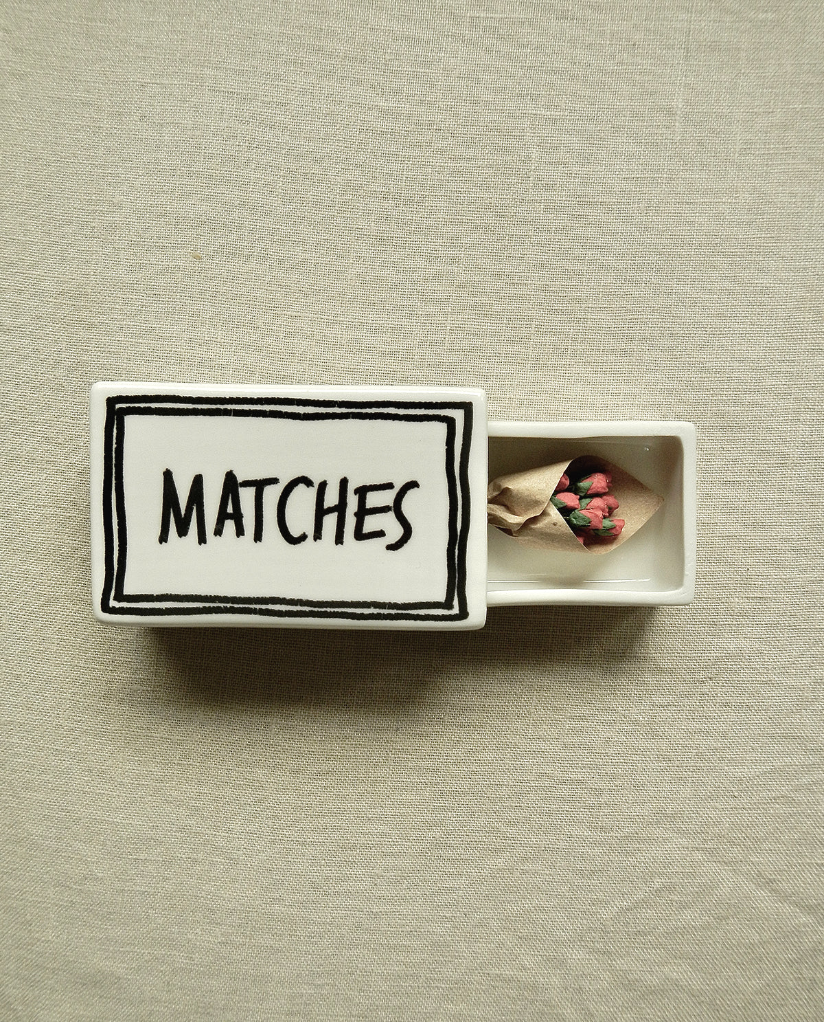 Ceramic matchbox with handwritten “Matches” design