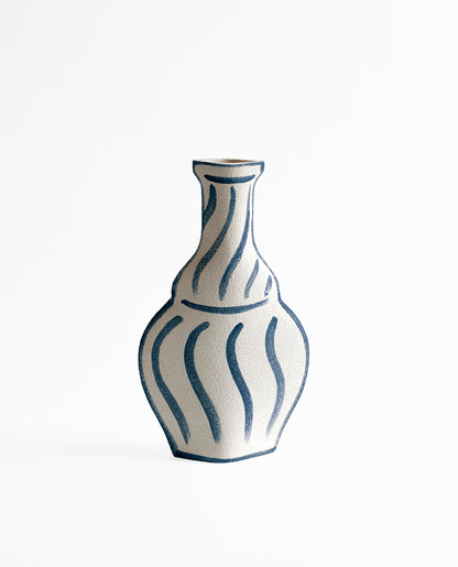 Hand-painted trompe l'oeil vase by INI CERAMIQUE with illustrative patterns and a textured finish