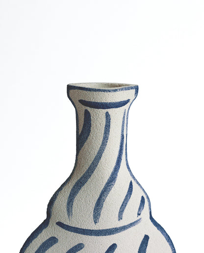 Hand-painted trompe l'oeil vase by INI CERAMIQUE with geometric patterns and a textured finish