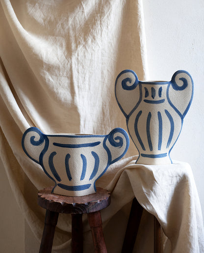 Hand-painted greek vase by INI CERAMIQUE with geometric patterns and a textured finish