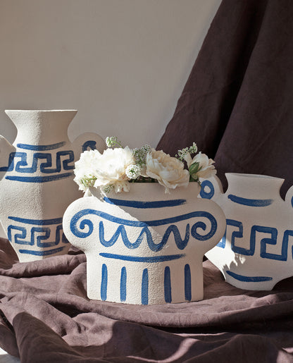 Hand-painted greek vase by INI CERAMIQUE with geometric patterns and a textured finish