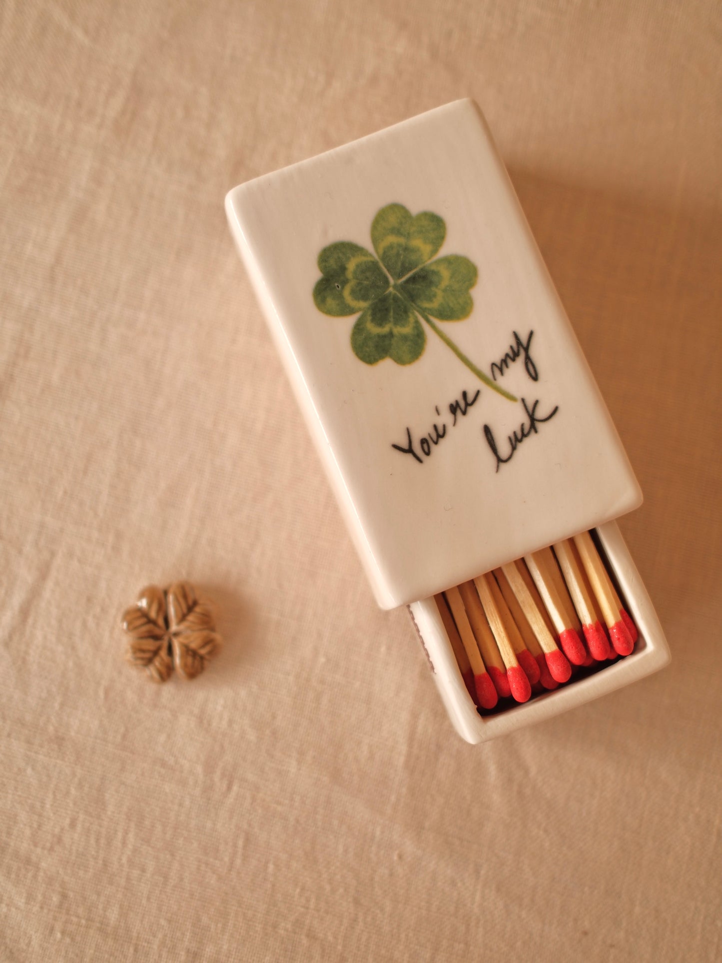 Handcrafted ceramic matchbox with clover motif made in France