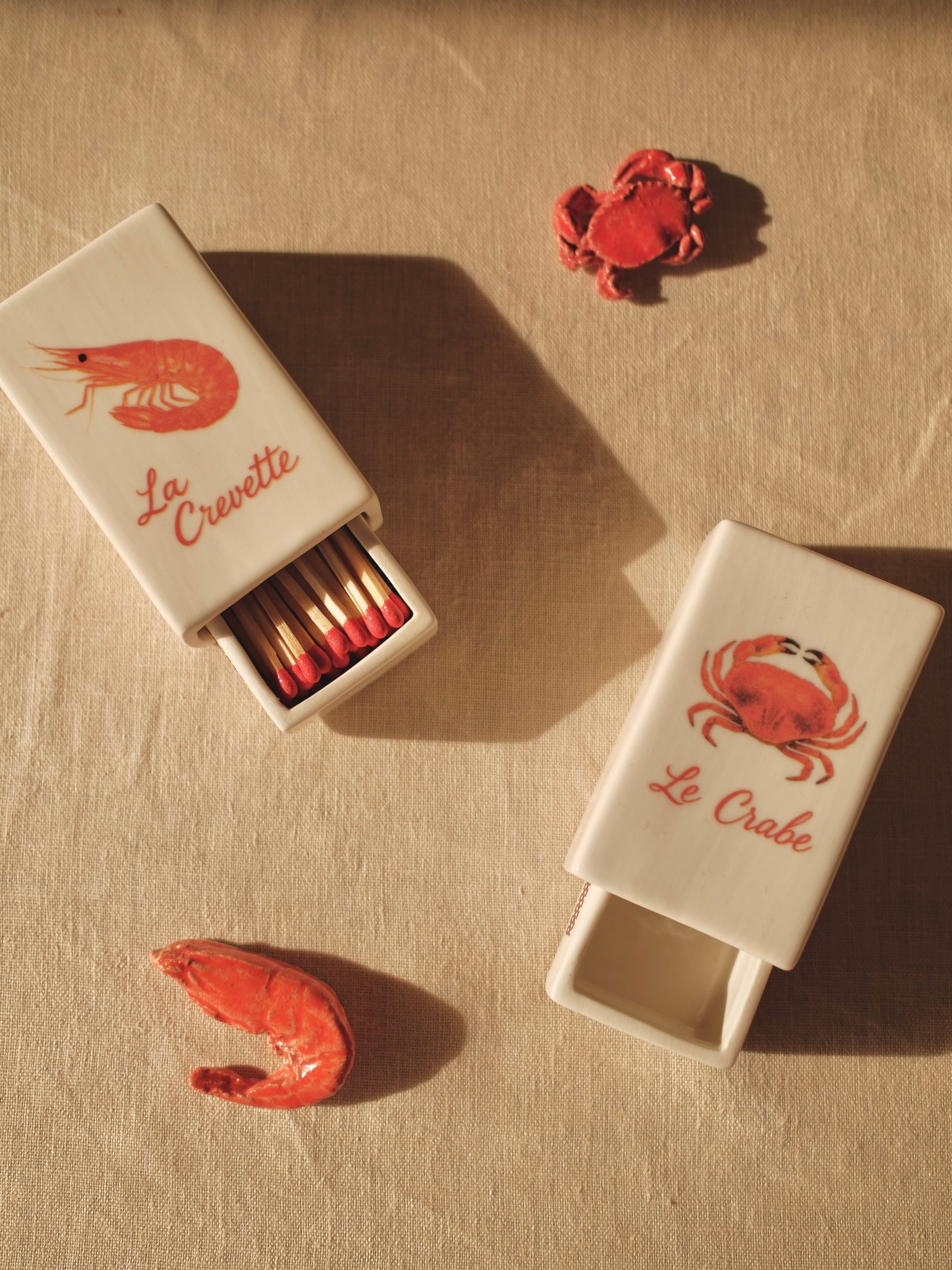 Handcrafted ceramic matchbox with lobster motif made in France