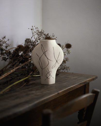 Hand-painted abstract vase by INI CERAMIQUE with carved patterns and textured finish