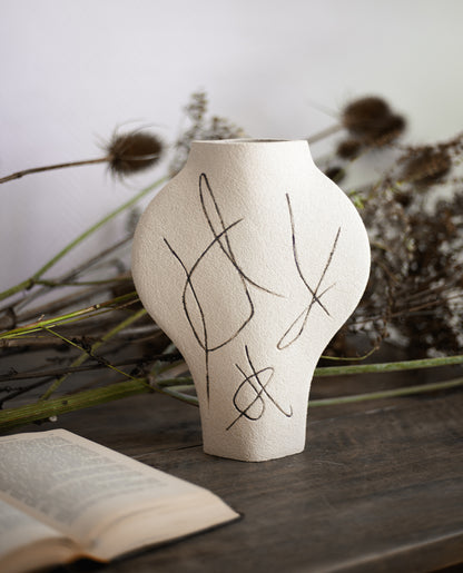 Hand-painted abstract vase by INI CERAMIQUE with carved patterns and textured finish