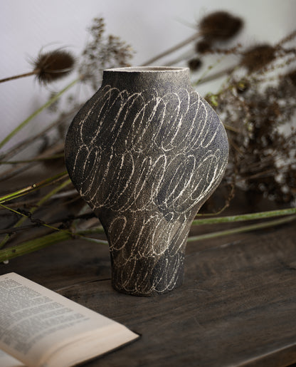Hand-painted abstract vase by INI CERAMIQUE with geometric patterns and textured finish