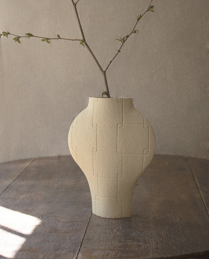 Handmade Korean vase by INI CERAMIQUE with traditional sculptural patterns and textured finish
