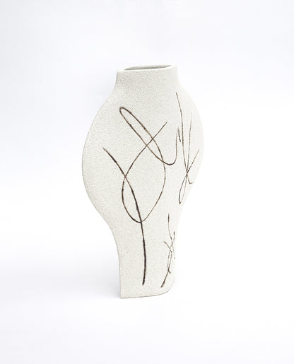 Hand-painted abstract vase by INI CERAMIQUE with carved patterns and textured finish