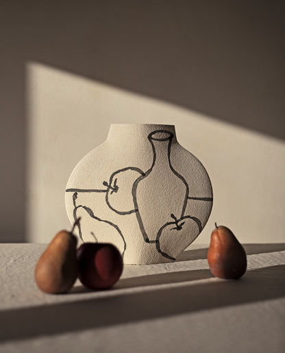 Hand-painted trompe l'oeil vase by INI CERAMIQUE with illustrative patterns and a textured finish
